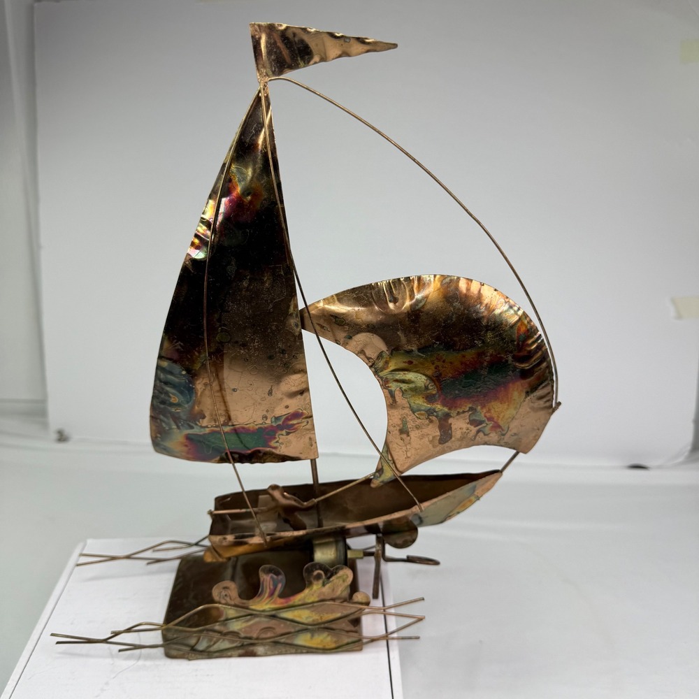 Vintage 1970s Animated Copper Sailboat Music Box Mid Century Torch Art Rocking